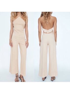 Zara beige cream ruffle frill halter top wide leg jumpsuit 100% cotton M NWOT